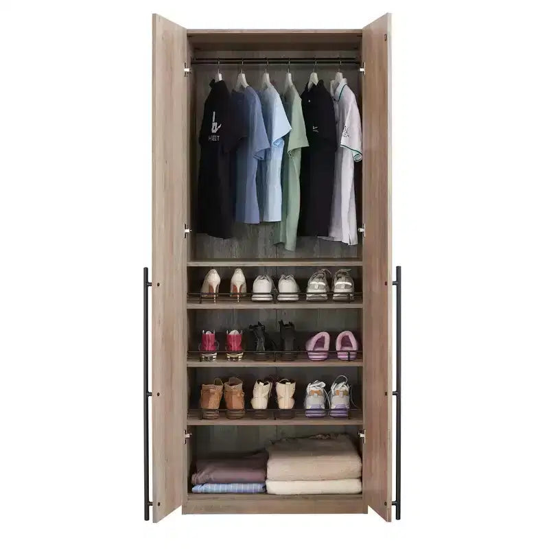 Armoire penderie 2 portes 4 étagères avec tringle et dispositif anti-basculement, 80 x 58 x 213 cm