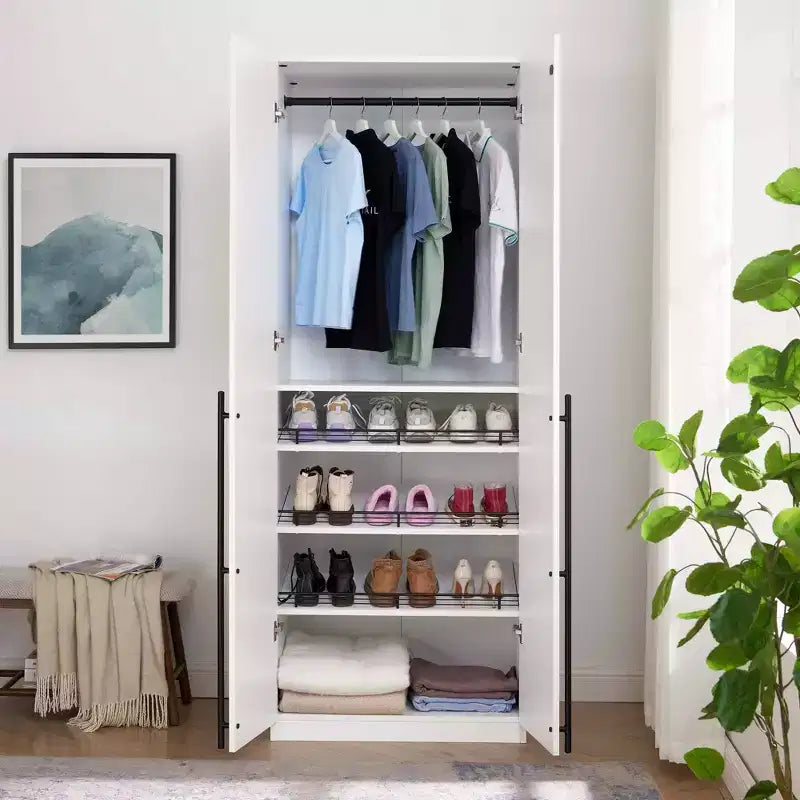 Armoire penderie 2 portes 4 étagères avec tringle et dispositif anti-basculement, 80 x 58 x 213 cm