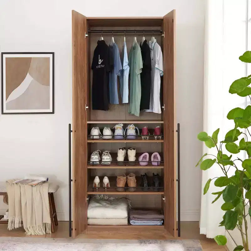 Armoire penderie 2 portes 4 étagères avec tringle et dispositif anti-basculement, 80 x 58 x 213 cm