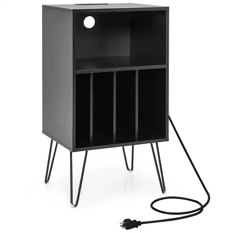 Meuble tour de disques 3 niveaux avec station de charge, 4 séparateurs de vinyles et gestion des câbles