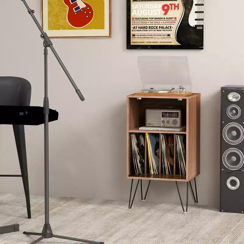 Meuble tour de disques 3 niveaux avec station de charge, 4 séparateurs de vinyles et gestion des câbles