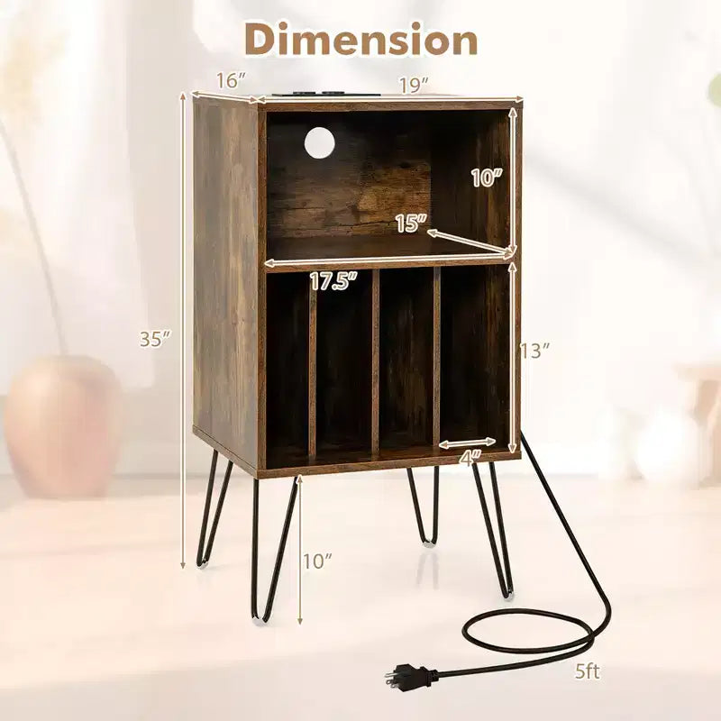 Meuble tour de disques 3 niveaux avec station de charge, 4 séparateurs de vinyles et gestion des câbles