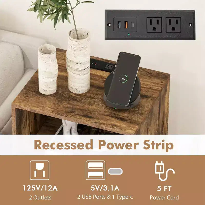 Meuble tour de disques 3 niveaux avec station de charge, 4 séparateurs de vinyles et gestion des câbles