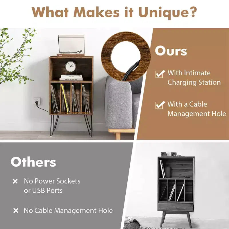 Meuble tour de disques 3 niveaux avec station de charge, 4 séparateurs de vinyles et gestion des câbles