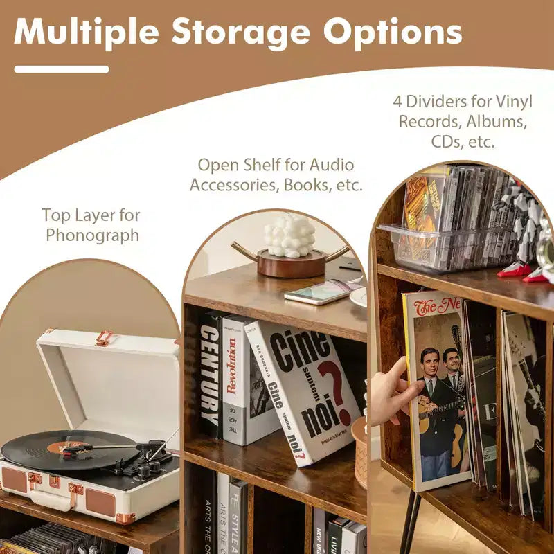 Meuble tour de disques 3 niveaux avec station de charge, 4 séparateurs de vinyles et gestion des câbles