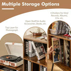 Meuble tour de disques 3 niveaux avec station de charge, 4 séparateurs de vinyles et gestion des câbles