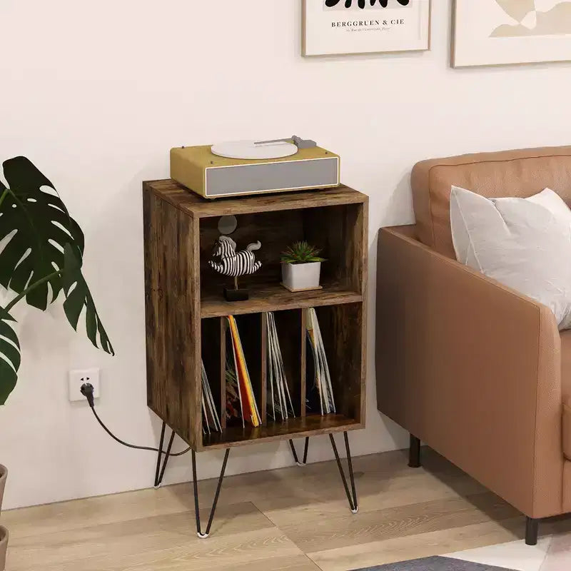 Meuble tour de disques 3 niveaux avec station de charge, 4 séparateurs de vinyles et gestion des câbles