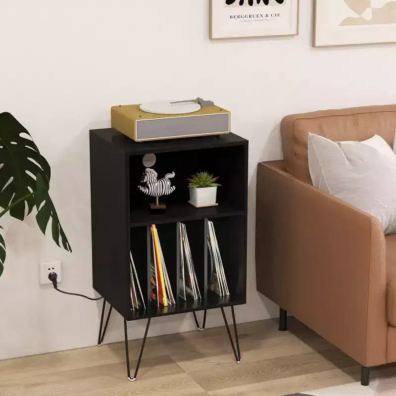 Meuble tour de disques 3 niveaux avec station de charge, 4 séparateurs de vinyles et gestion des câbles