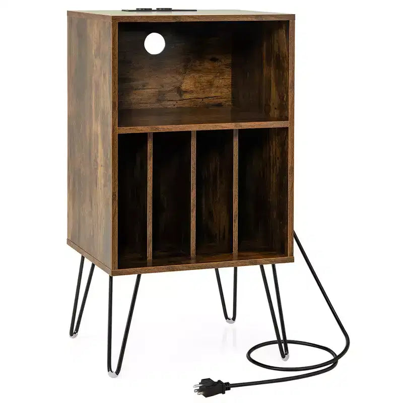 Meuble tour de disques 3 niveaux avec station de charge, 4 séparateurs de vinyles et gestion des câbles