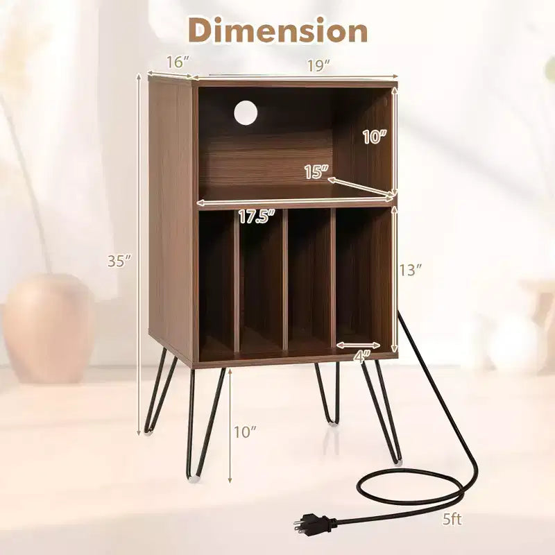 Meuble tour de disques 3 niveaux avec station de charge, 4 séparateurs de vinyles et gestion des câbles