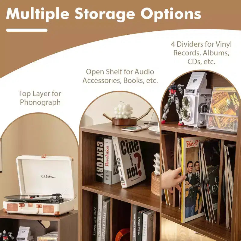 Meuble tour de disques 3 niveaux avec station de charge, 4 séparateurs de vinyles et gestion des câbles