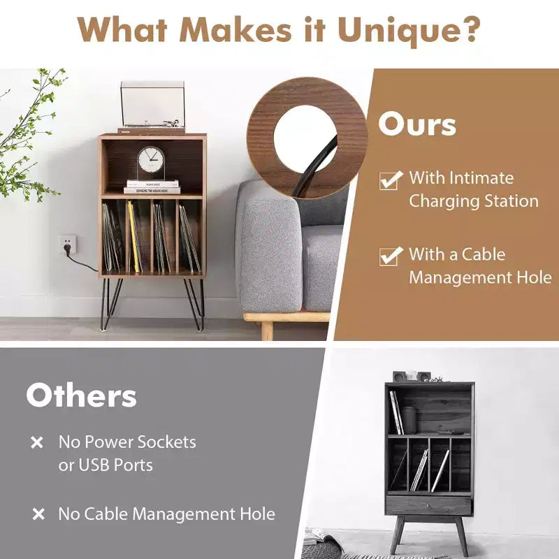 Meuble tour de disques 3 niveaux avec station de charge, 4 séparateurs de vinyles et gestion des câbles