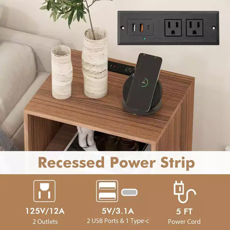 Meuble tour de disques 3 niveaux avec station de charge, 4 séparateurs de vinyles et gestion des câbles