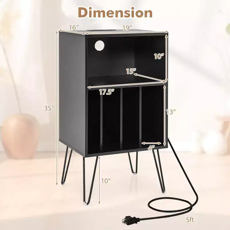 Meuble tour de disques 3 niveaux avec station de charge, 4 séparateurs de vinyles et gestion des câbles