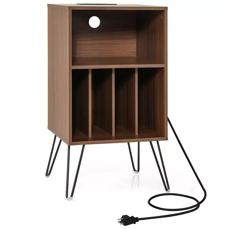 Meuble tour de disques 3 niveaux avec station de charge, 4 séparateurs de vinyles et gestion des câbles