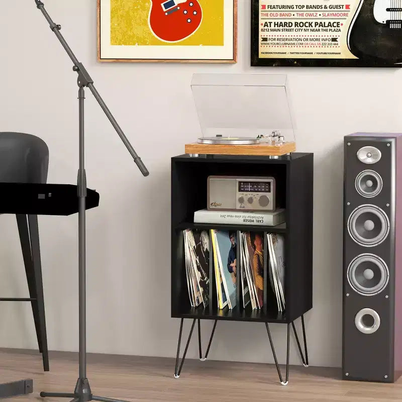Meuble tour de disques 3 niveaux avec station de charge, 4 séparateurs de vinyles et gestion des câbles