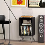 Meuble tour de disques 3 niveaux avec station de charge, 4 séparateurs de vinyles et gestion des câbles