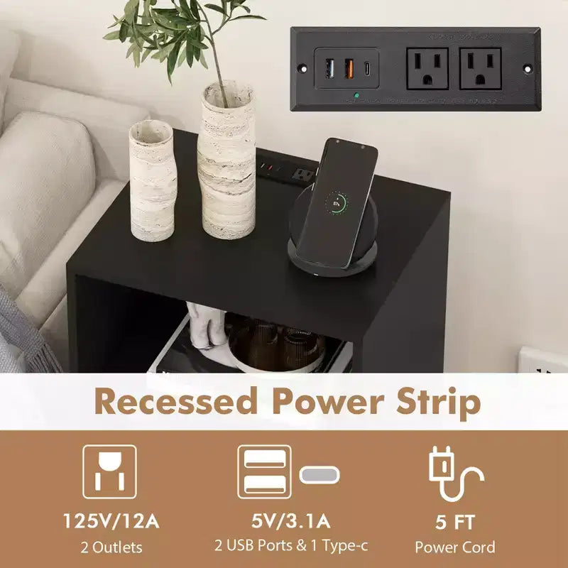 Meuble tour de disques 3 niveaux avec station de charge, 4 séparateurs de vinyles et gestion des câbles