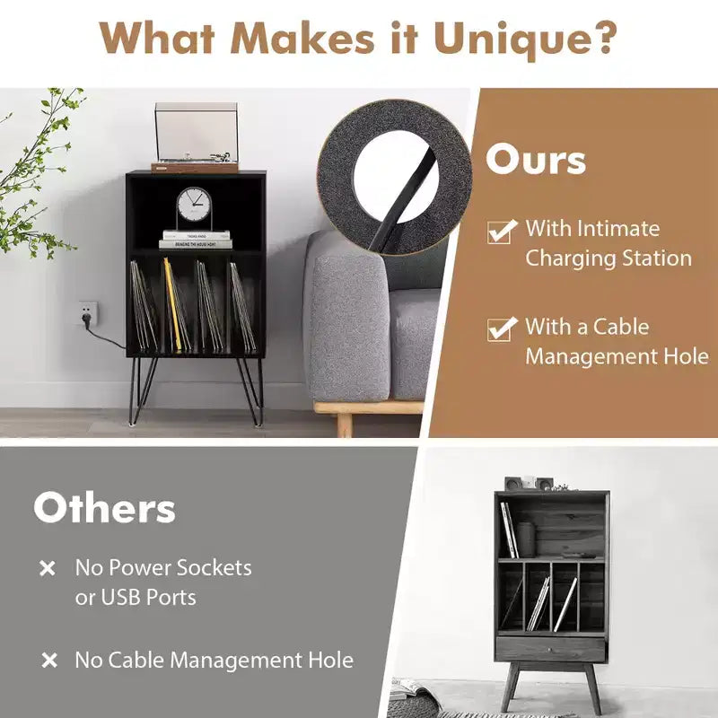 Meuble tour de disques 3 niveaux avec station de charge, 4 séparateurs de vinyles et gestion des câbles