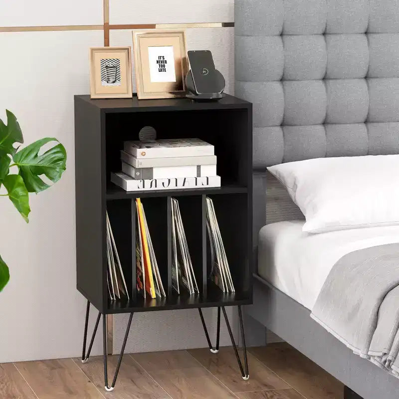 Meuble tour de disques 3 niveaux avec station de charge, 4 séparateurs de vinyles et gestion des câbles
