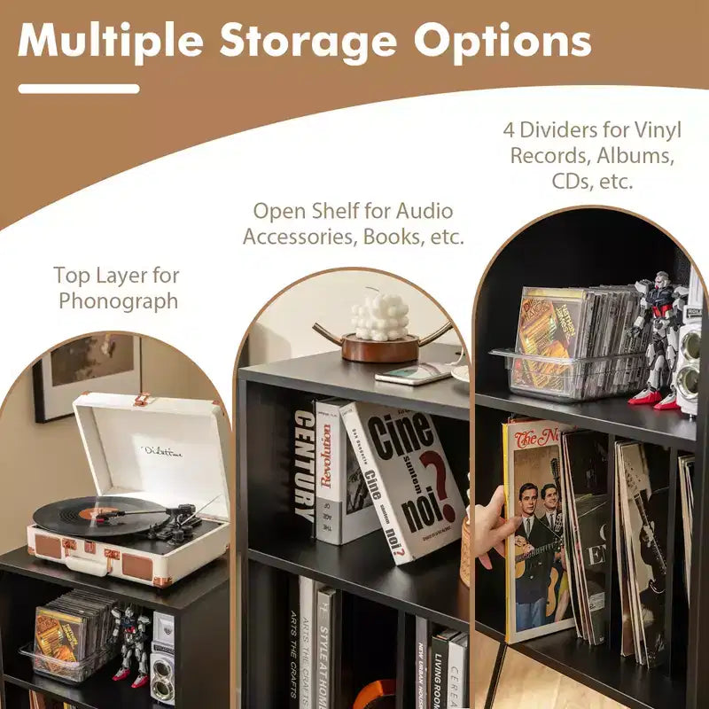 Meuble tour de disques 3 niveaux avec station de charge, 4 séparateurs de vinyles et gestion des câbles