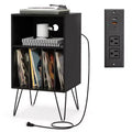 Costway 3-Tier Record Player Stand with Charging Station Shelf & 4 Dividers for Bedroom Walnut/Black/Brown