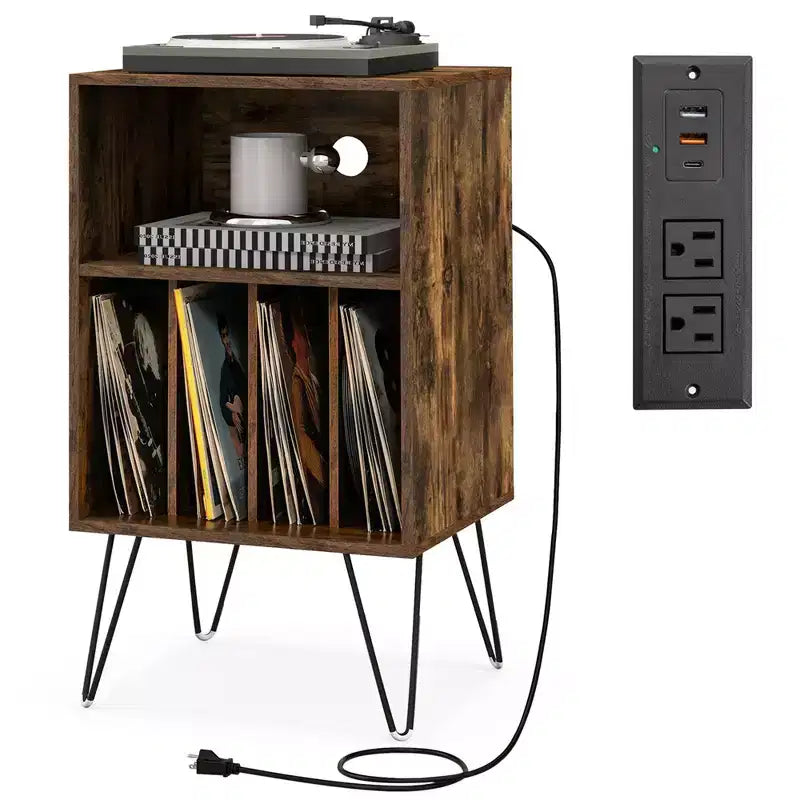 Meuble tour de disques 3 niveaux avec station de charge, 4 séparateurs de vinyles et gestion des câbles