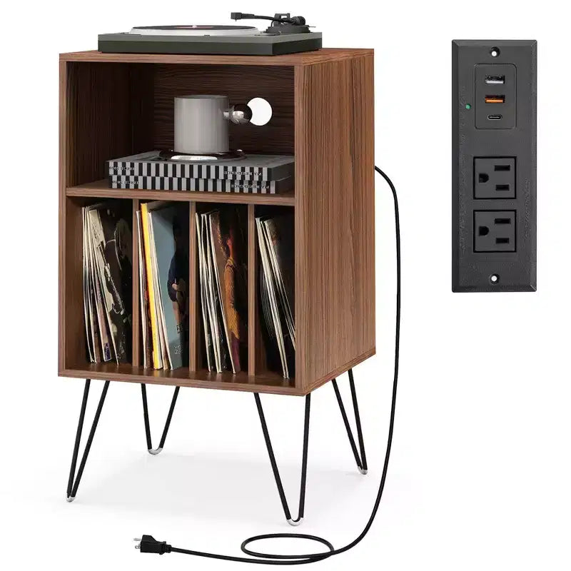 Meuble tour de disques 3 niveaux avec station de charge, 4 séparateurs de vinyles et gestion des câbles