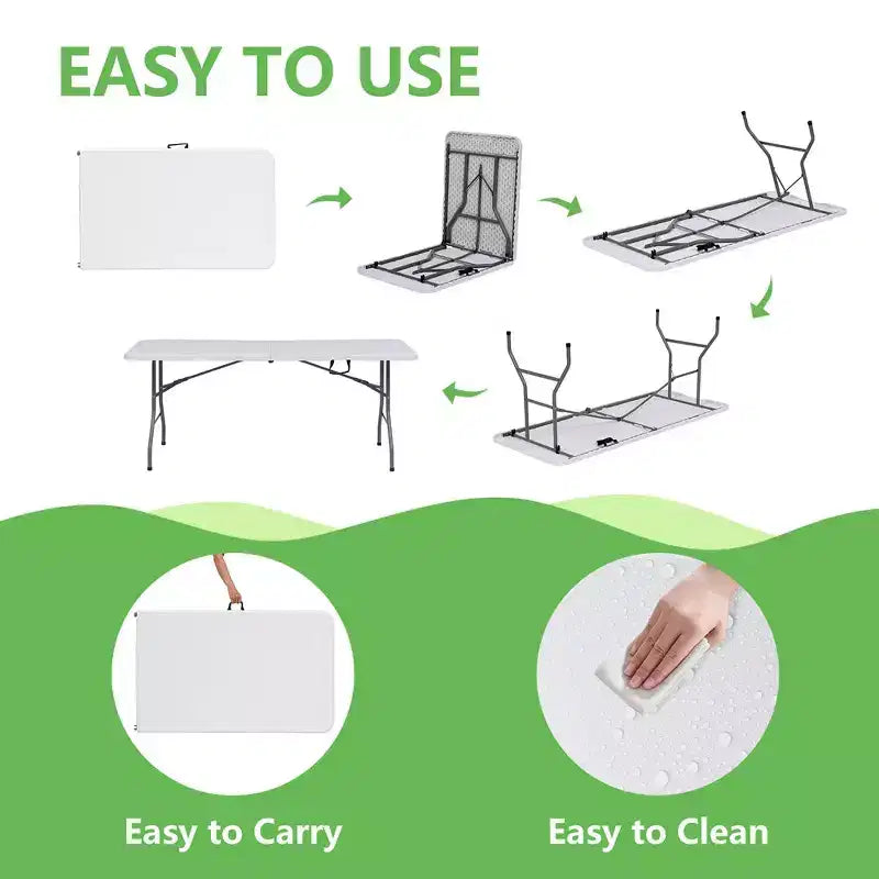 Table pliante portable de 1,8 m en PEHD, pour l'intérieur et l'extérieur, pieds en acier laqué, 8 places, blanche