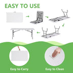 Table pliante portable de 1,8 m en PEHD, pour l'intérieur et l'extérieur, pieds en acier laqué, 8 places, blanche