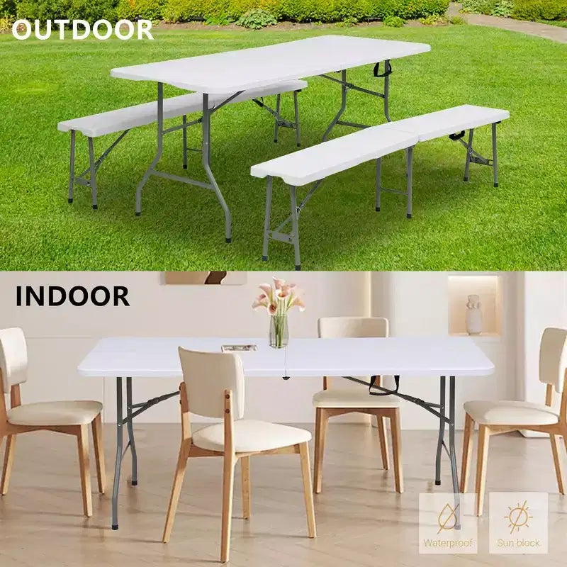 Table pliante portable de 1,8 m en PEHD, pour l'intérieur et l'extérieur, pieds en acier laqué, 8 places, blanche