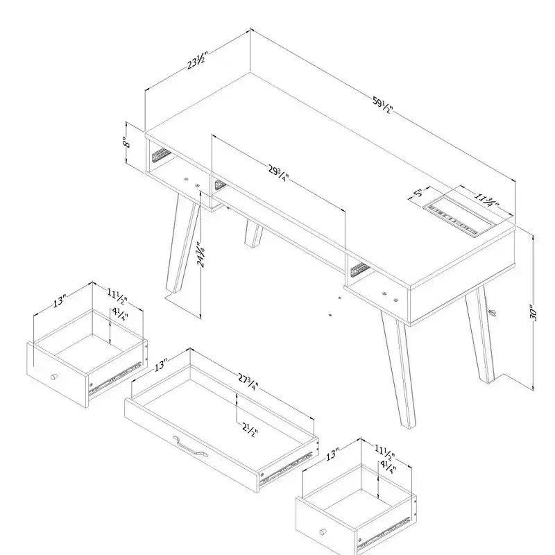 Bureau d'ordinateur de 151 cm avec multiprise et 3 tiroirs, finition stratifiée, supporte 90 kg