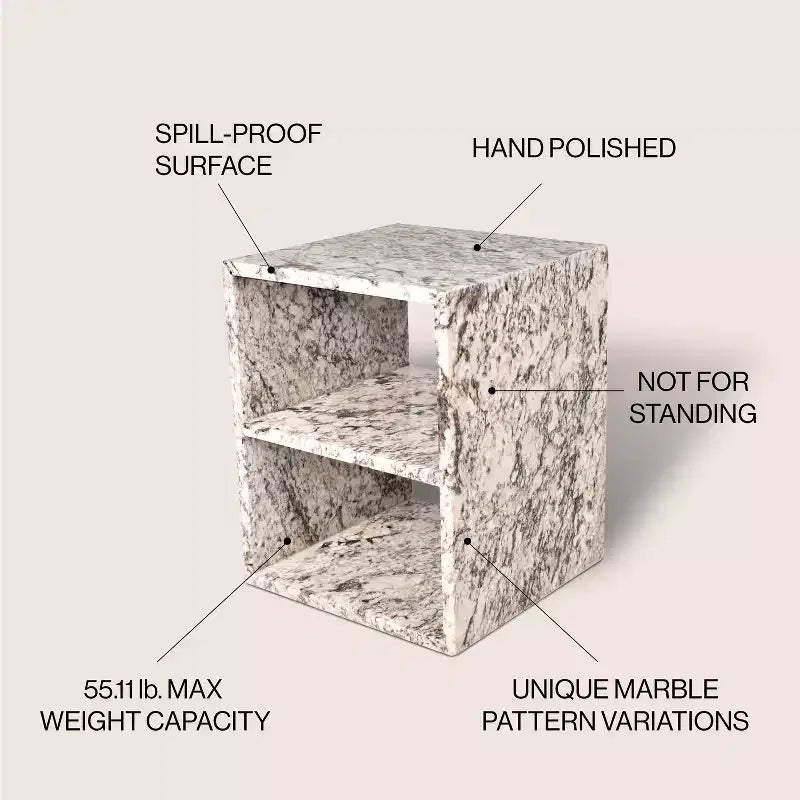 Table d'appoint en marbre naturel avec 2 étagères, faite à la main, carrée moderne, 40,6 x 40,6 x 50,8 cm, beige