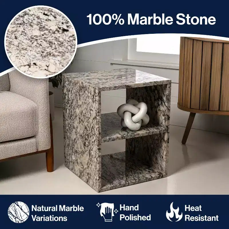 Table d'appoint en marbre naturel avec 2 étagères, faite à la main, carrée moderne, 40,6 x 40,6 x 50,8 cm, beige