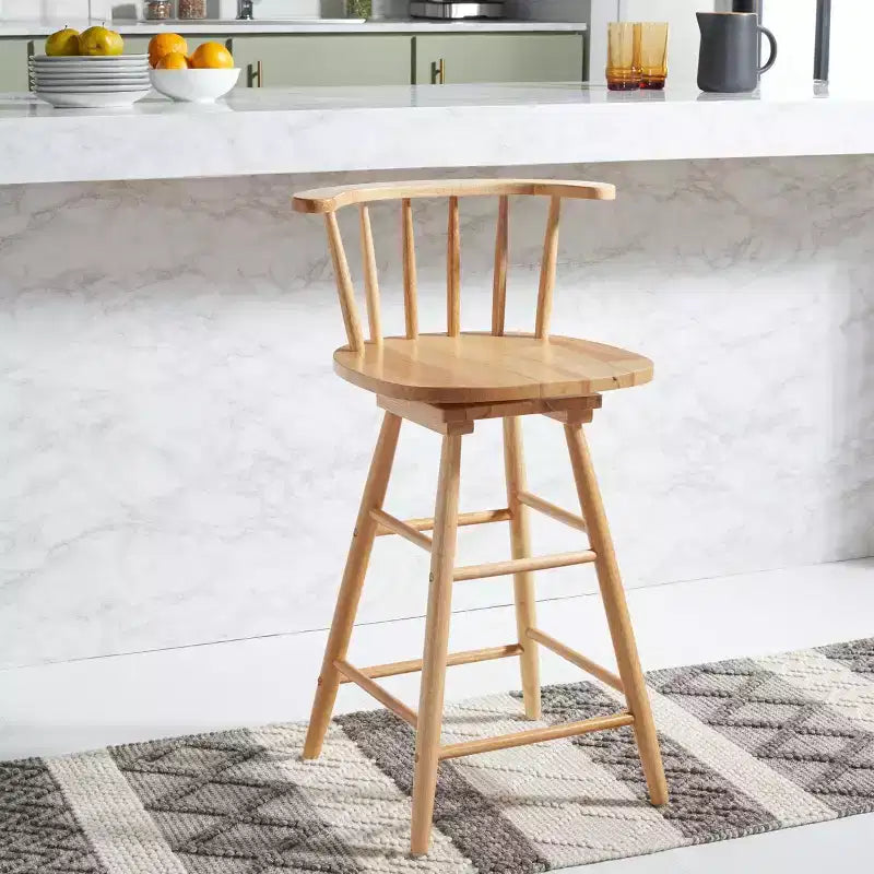 Tabouret de comptoir pivotant, cadre en bois d'hévéa, sans accoudoirs, dossier bas avec repose-pieds, noir, hauteur fixe