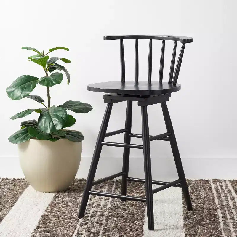 Tabouret de comptoir pivotant, cadre en bois d'hévéa, sans accoudoirs, dossier bas avec repose-pieds, noir, hauteur fixe