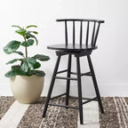Tabouret de comptoir pivotant, cadre en bois d'hévéa, sans accoudoirs, dossier bas avec repose-pieds, noir, hauteur fixe