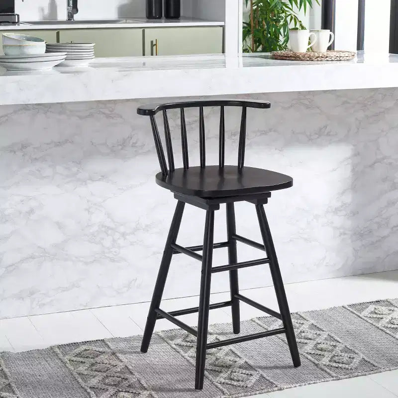 Tabouret de comptoir pivotant, cadre en bois d'hévéa, sans accoudoirs, dossier bas avec repose-pieds, noir, hauteur fixe