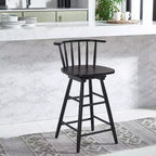 Tabouret de comptoir pivotant, cadre en bois d'hévéa, sans accoudoirs, dossier bas avec repose-pieds, noir, hauteur fixe