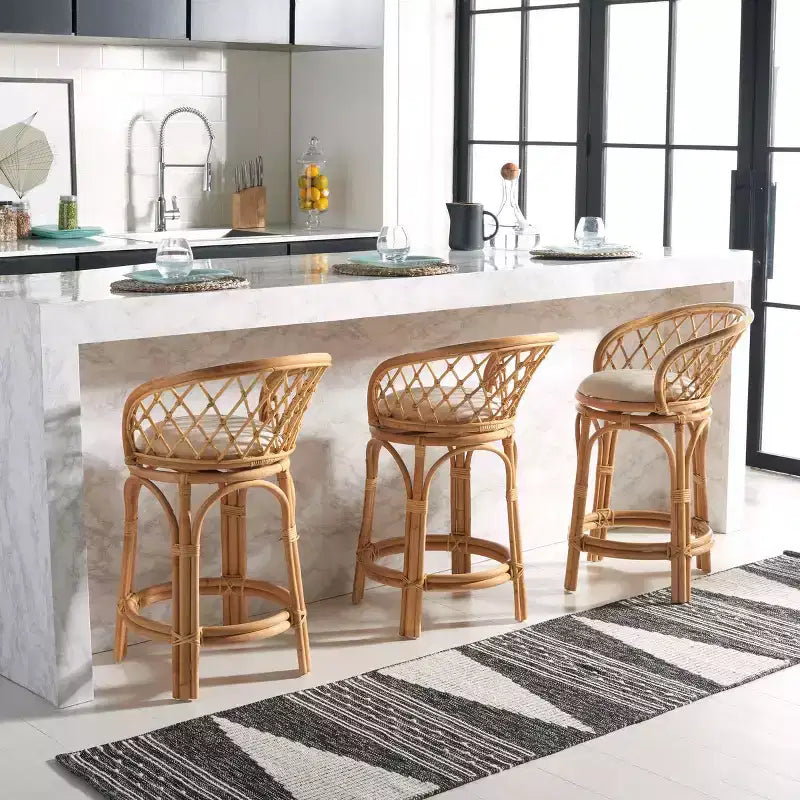 Tabouret de comptoir pivotant en rotin avec coussin, cadre en bois de manguier, hauteur fixe 60 cm