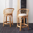 Tabouret de comptoir pivotant en rotin avec coussin, cadre en bois de manguier, hauteur fixe 60 cm