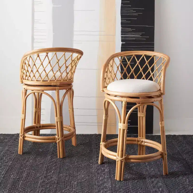 Tabouret de comptoir pivotant en rotin avec coussin, cadre en bois de manguier, hauteur fixe 60 cm