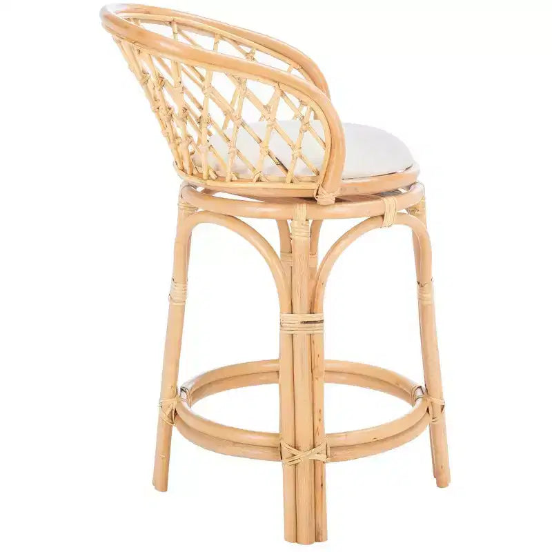 Tabouret de comptoir pivotant en rotin avec coussin, cadre en bois de manguier, hauteur fixe 60 cm
