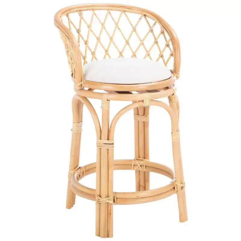 Tabouret de comptoir pivotant en rotin avec coussin, cadre en bois de manguier, hauteur fixe 60 cm