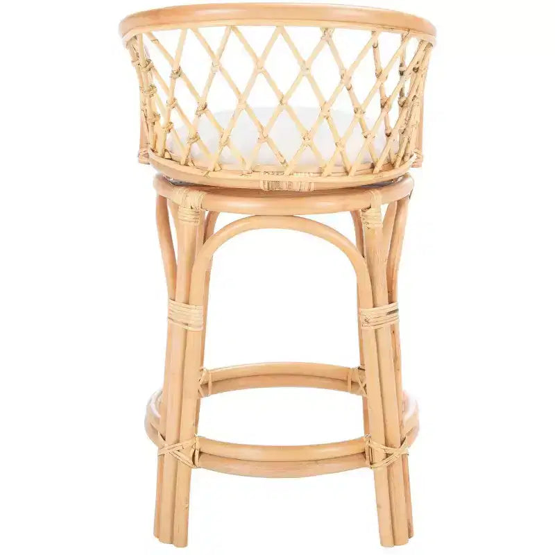 Tabouret de comptoir pivotant en rotin avec coussin, cadre en bois de manguier, hauteur fixe 60 cm