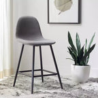 Tabouret de comptoir gris foncé avec dossier rembourré, repose-pieds et pieds en métal noir, hauteur fixe