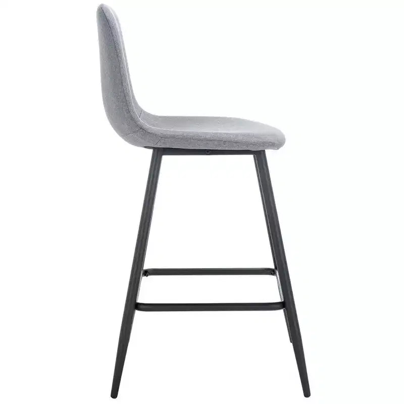 Tabouret de comptoir gris foncé avec dossier rembourré, repose-pieds et pieds en métal noir, hauteur fixe