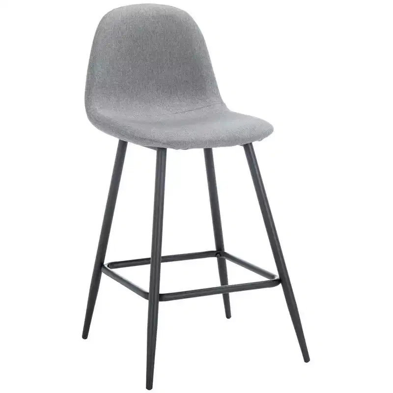 Tabouret de comptoir gris foncé avec dossier rembourré, repose-pieds et pieds en métal noir, hauteur fixe