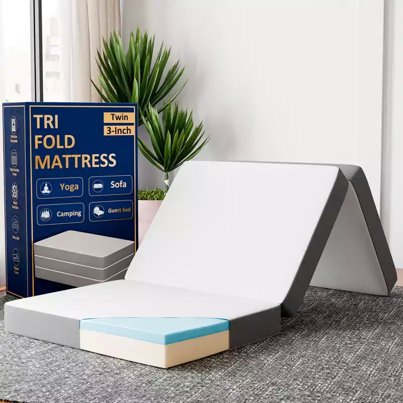 Continental Sleep 3-Inch Portable Tri Folding Gel Memory Foam Mattress | Breathable Mesh Sides with Ultra Soft, Removable and Washable Cover