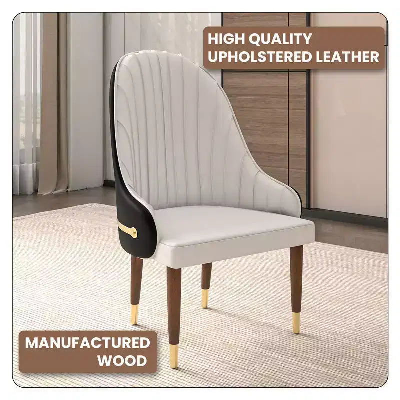 Chaise de salle à manger à dossier haut, dossier ondulé en similicuir, cadre en bois d'hévéa et accents dorés, 150 kg